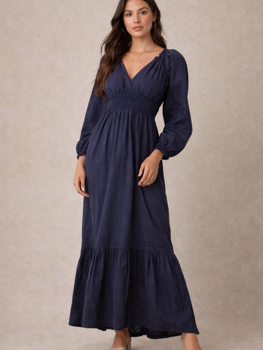 Navy Cotton Prairie Midi Dress Smocked Waist Puff Sleeve Cottagecore L